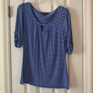 Blue and white striped short sleeve blouse